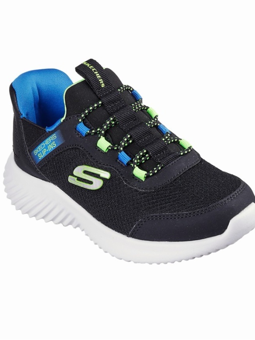 Skechers Kids Black Slip-On Sneaker with Blue & Lime Accents.Brand new. - Picture 2 of 5